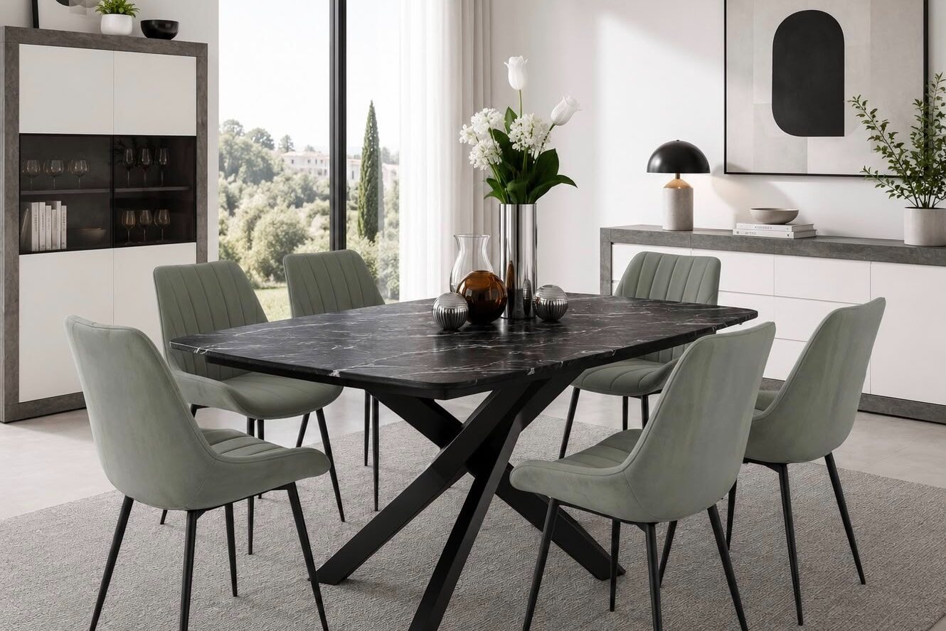 Black marble-effect extending table with sage green upholstered chairs