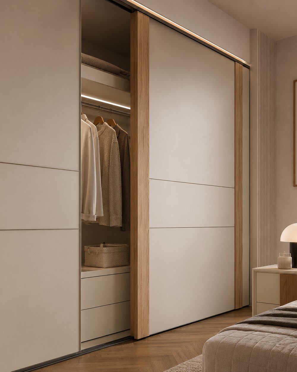 Sliding-door wardrobe open to show hanging rails and drawers