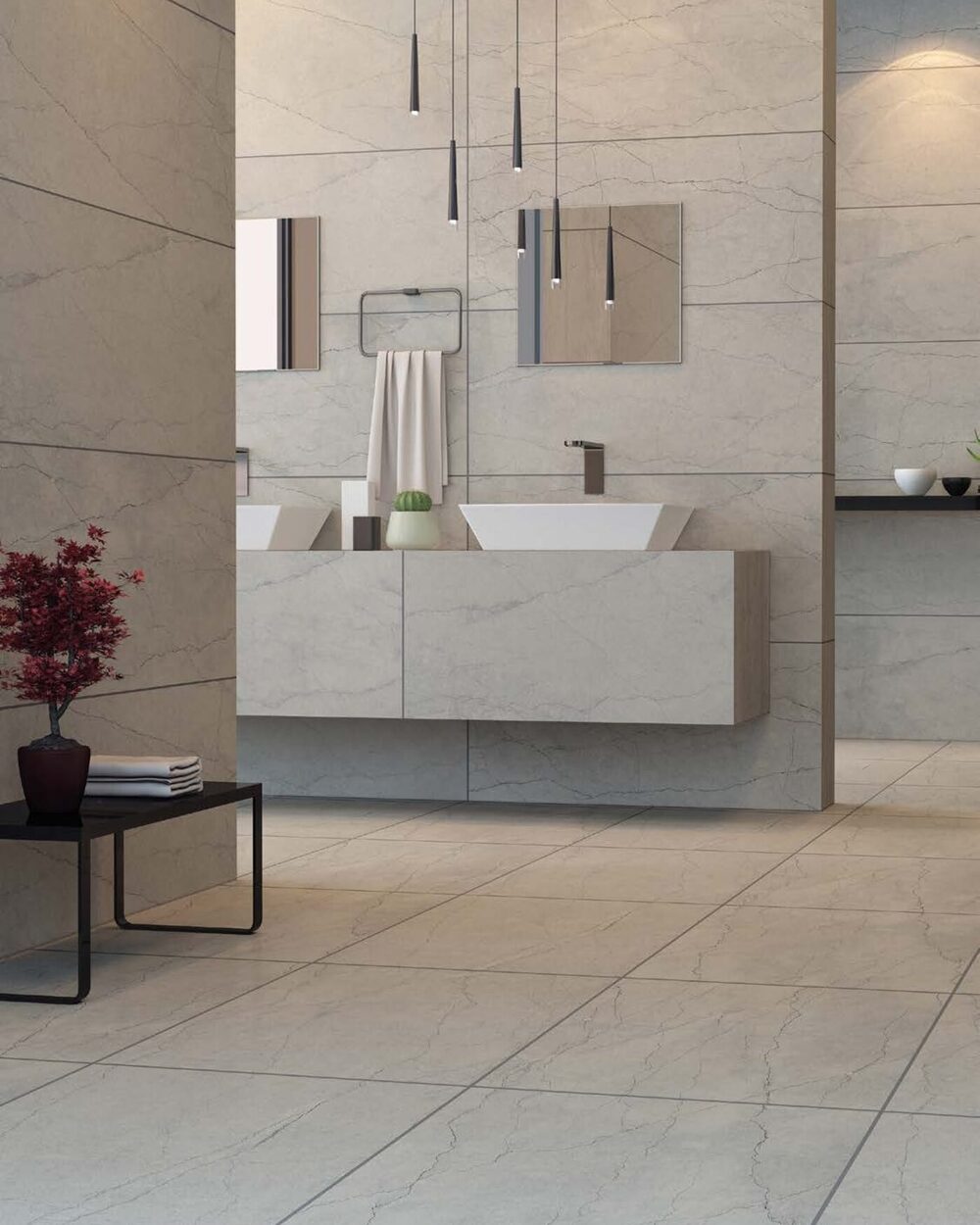 Bathroom with large-format floor and wall tiles