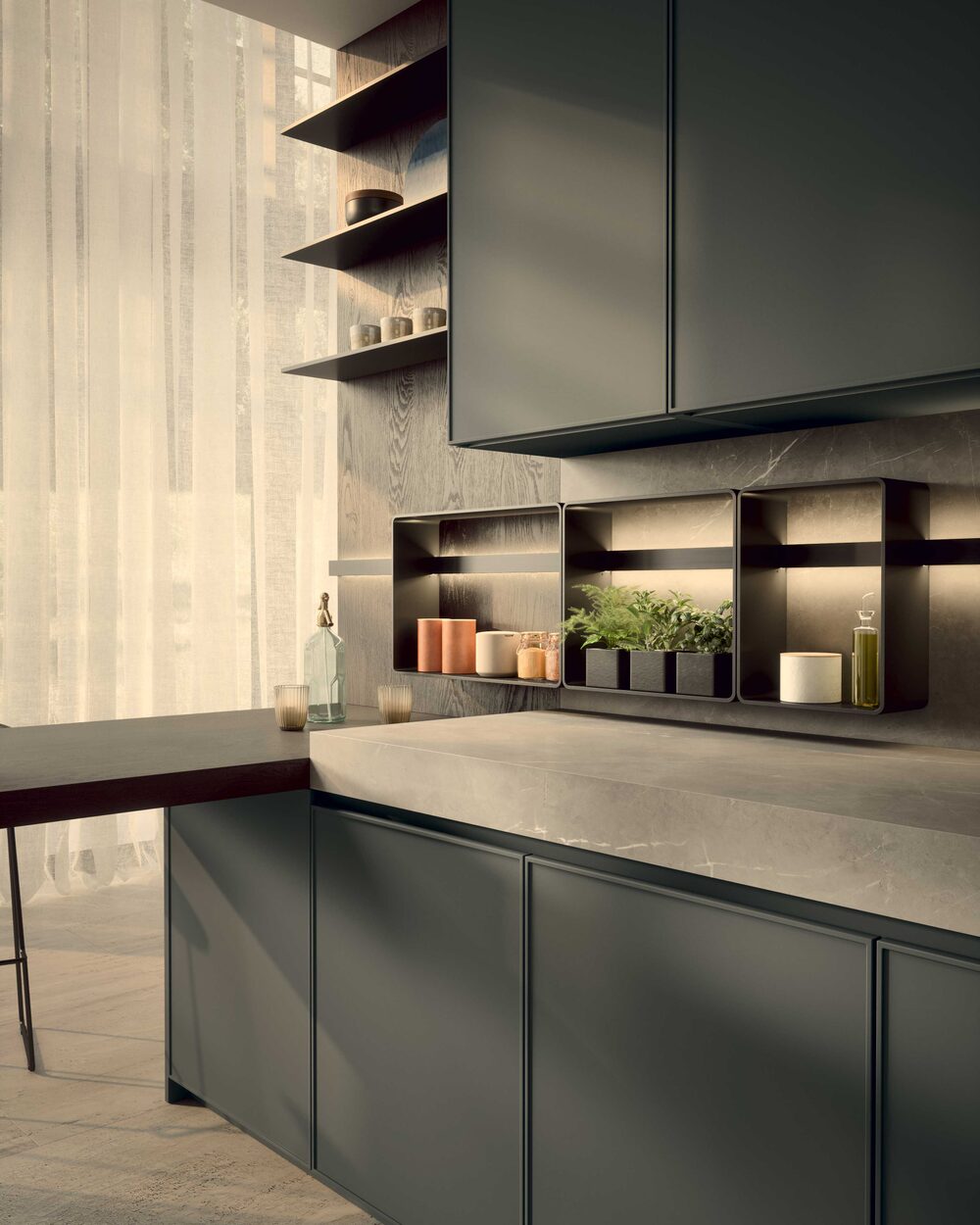 Handleless kitchen units with no visible hardware and lit wall niches