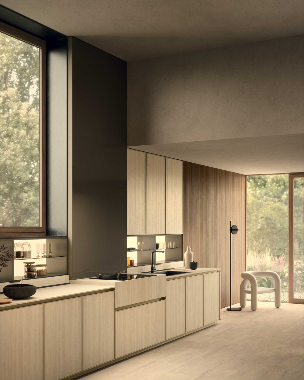Light oak kitchen run beside a full-height window