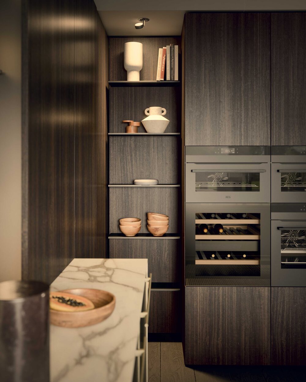 Full-height fitted units with built-in ovens, wine column and open niches