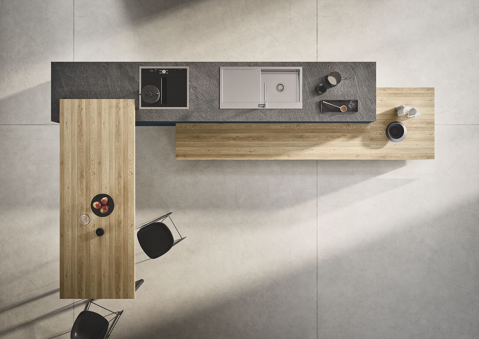 Overhead view of a kitchen layout with an island run and perpendicular table