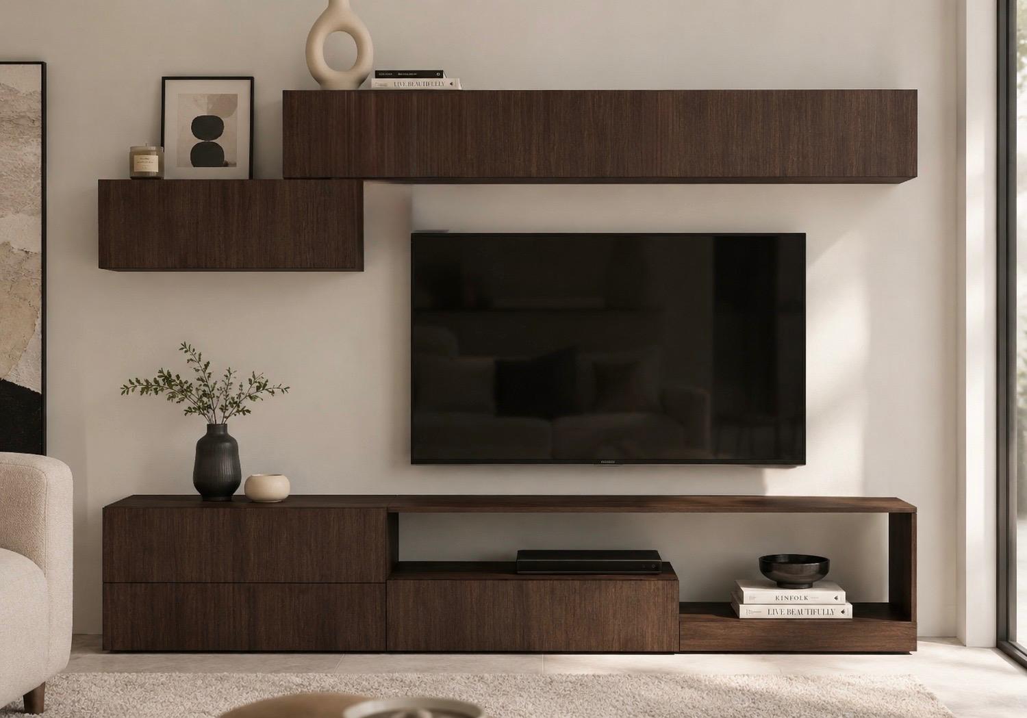 Wall-mounted media unit with a television and open shelving