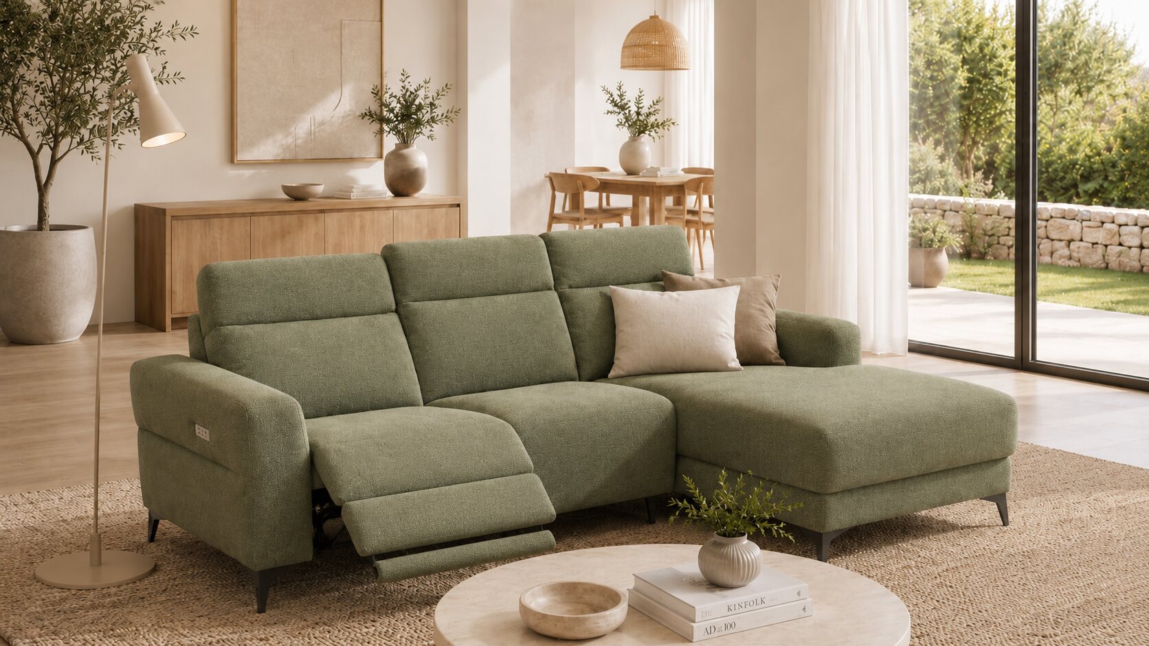 Sage green electric reclining sofa with adjustable headrests