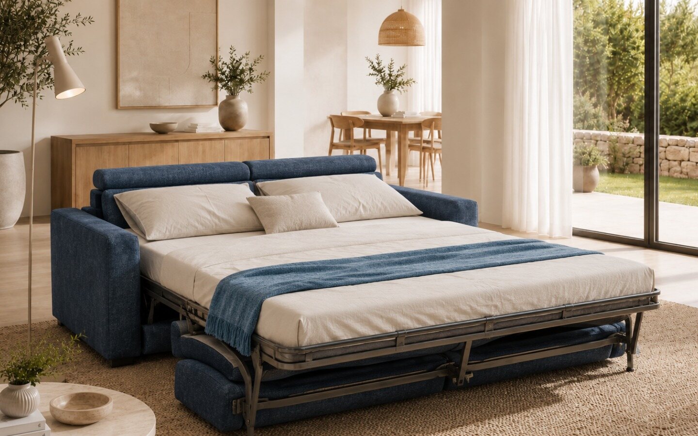 Blue fabric sofa bed opened out into a double bed