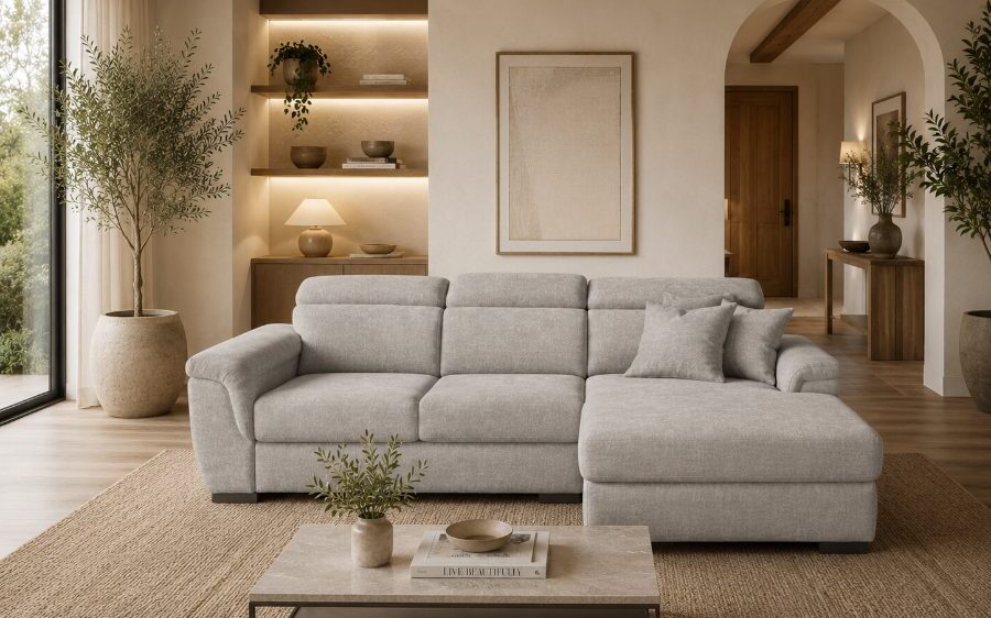 Grey corner sofa with chaise in a warm plastered living room