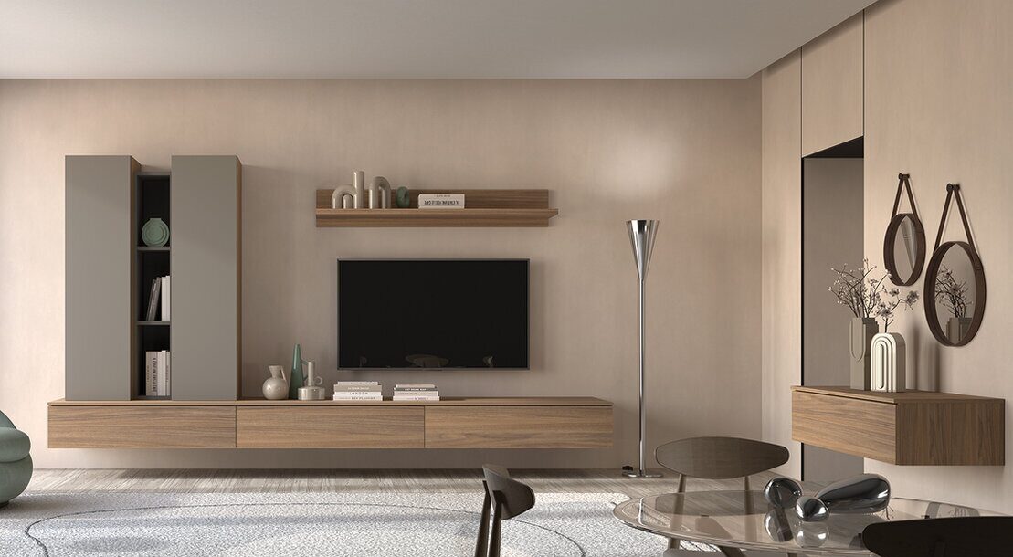 Living-room media wall with a wood sideboard, floating shelf and television