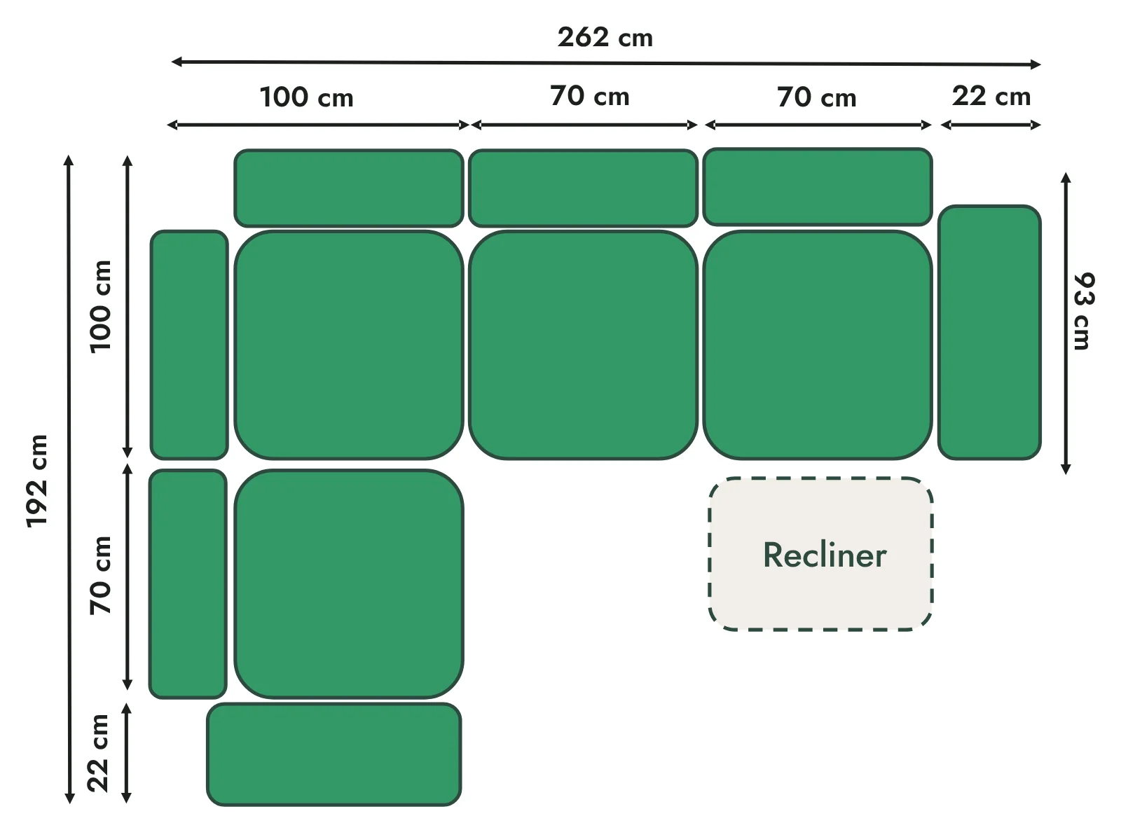 Corner Sofa 262 x 192 cm, 2 x 70 cm seats, One Recliner · Left Hand Facing