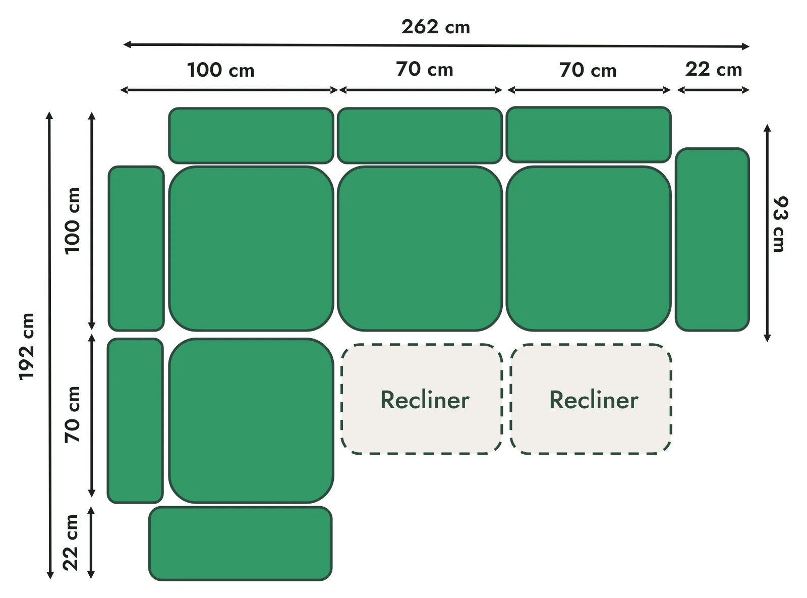 Corner Sofa 262 x 192 cm, 2 x 70 cm seats, Two Recliners · Left Hand Facing
