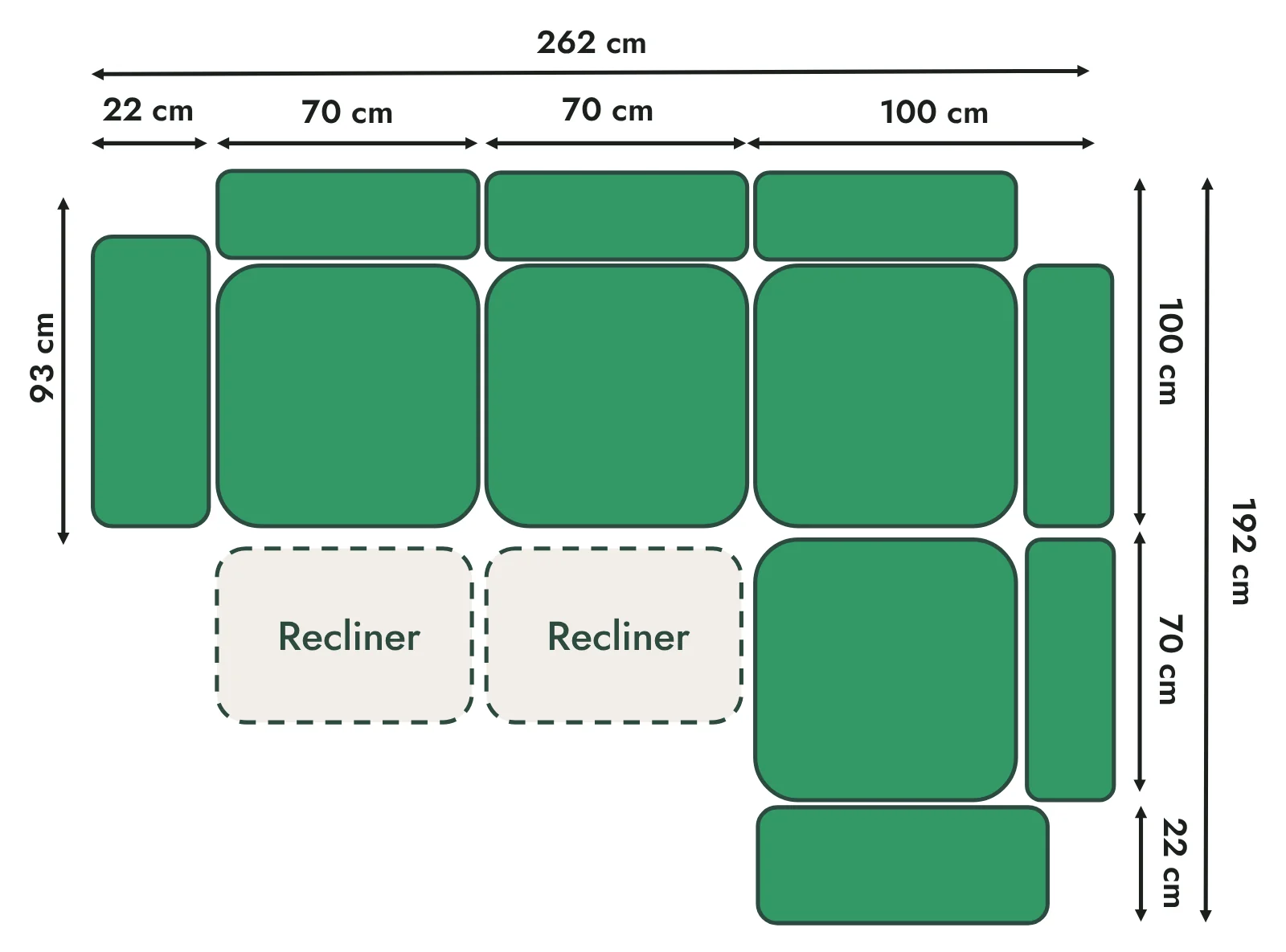 Corner Sofa 262 x 192 cm, 2 x 70 cm seats, Two Recliners · Right Hand Facing