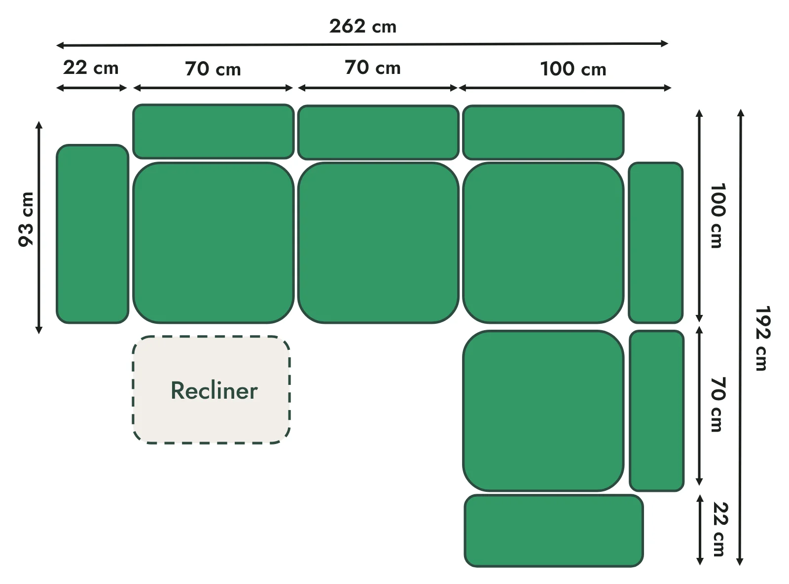 Corner Sofa 262 x 192 cm, 2 x 70 cm seats, One Recliner · Right Hand Facing