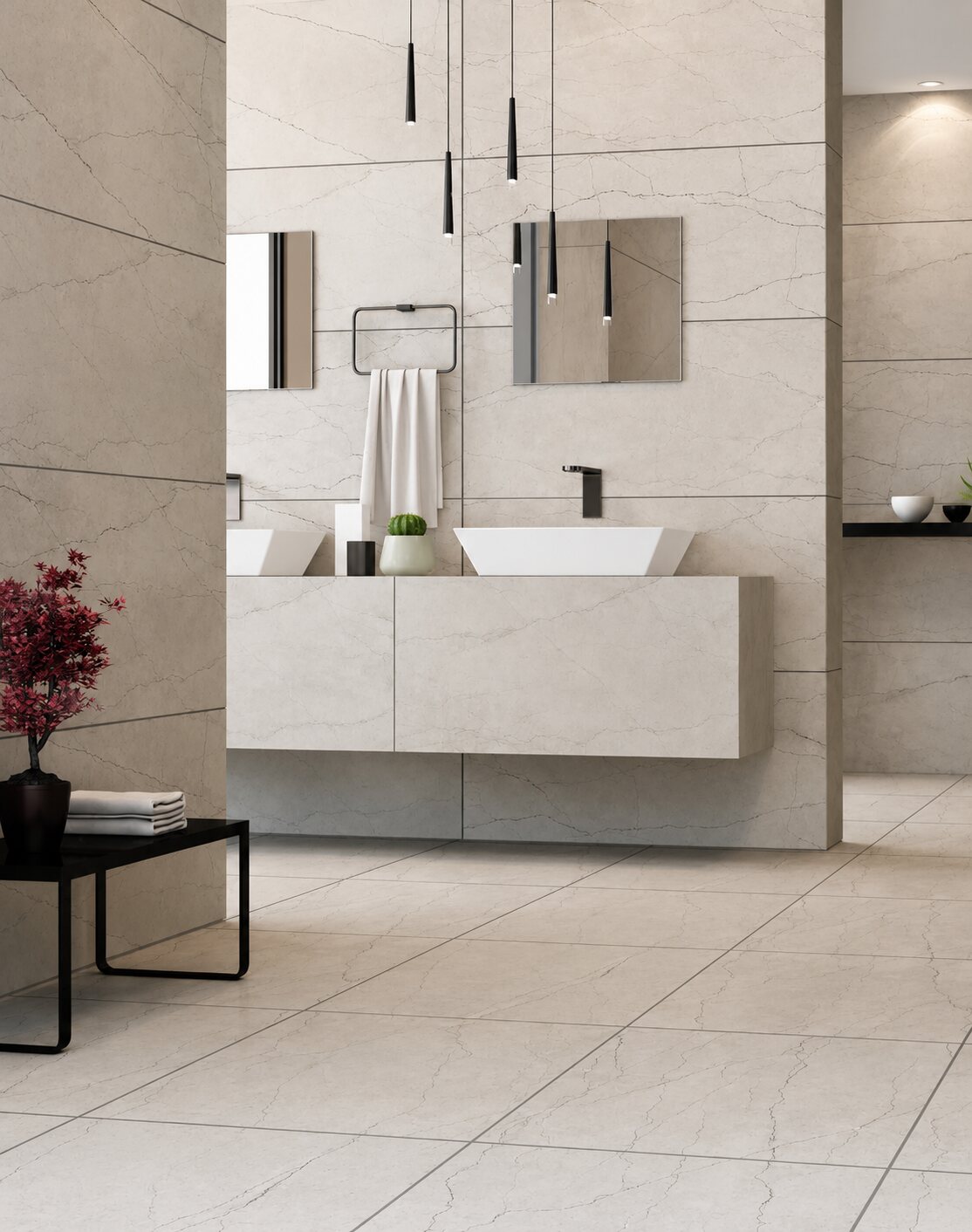 Bathroom with large-format marble-effect wall and floor tiles