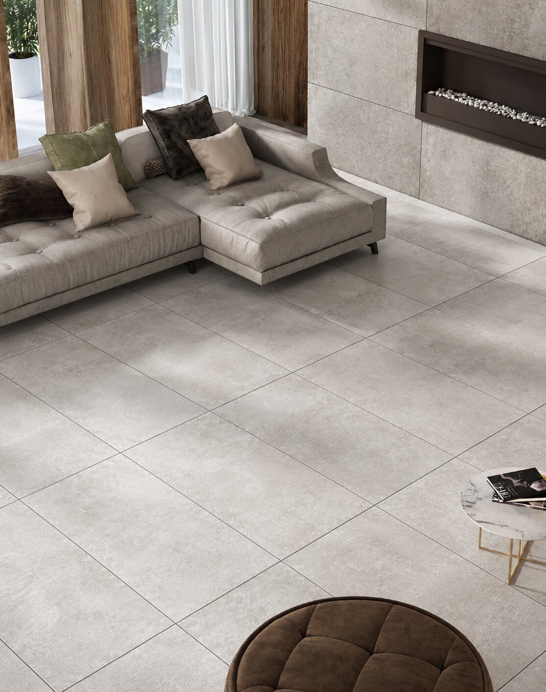 Living room with large-format stone-effect floor tiles